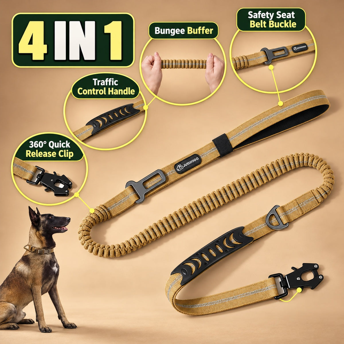 Bungee Dog Leash with Car Seatbelt Clip – Reflective, Two Handles