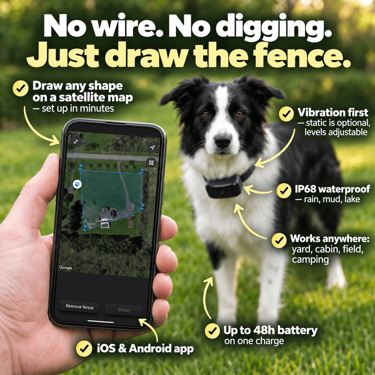 GPS Dog Fence Collar – Wireless Geofence Training Collar with App, Vibration & Static Correction, IP68 Waterproof
