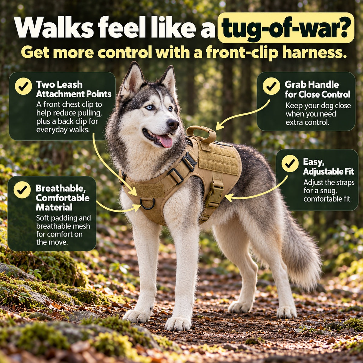 Tactical No Pull Dog Harness with Handle, Front & Back Clip, Metal Buckles, Reflective