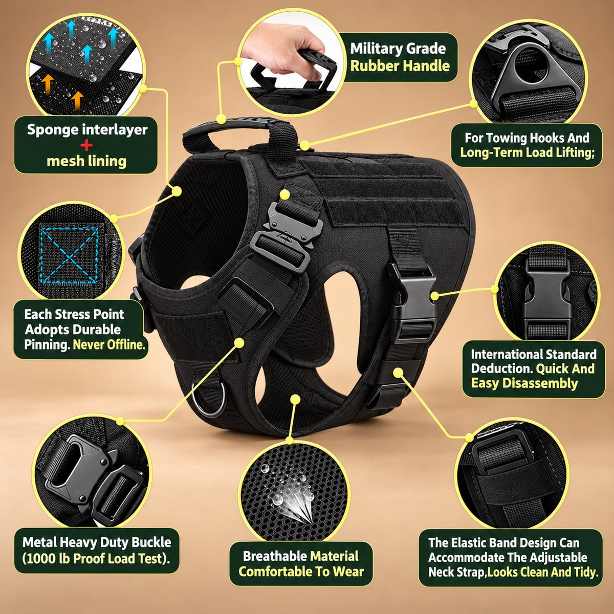 Tactical No Pull Dog Harness with Handle, Front & Back Clip, Metal Buckles, Reflective