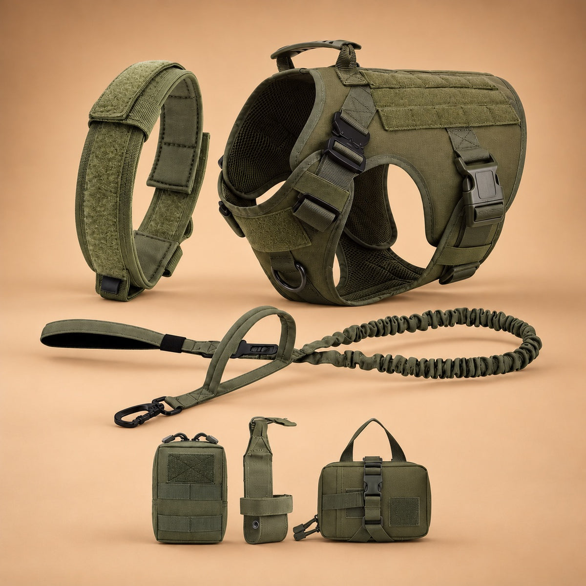 Tactical No Pull Dog Harness Set – Harness, Collar, Bungee Leash, 2 Pouches & Bottle Holder
