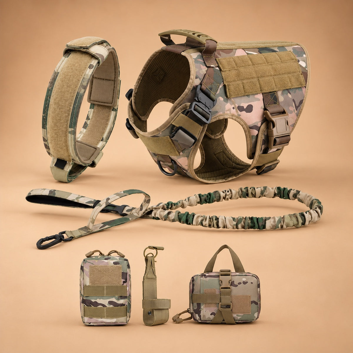 Tactical No Pull Dog Harness Set – Harness, Collar, Bungee Leash, 2 Pouches & Bottle Holder