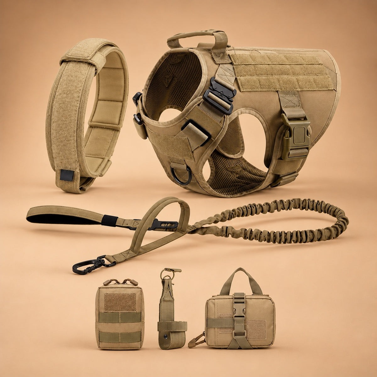 Tactical No Pull Dog Harness Set – Harness, Collar, Bungee Leash, 2 Pouches & Bottle Holder