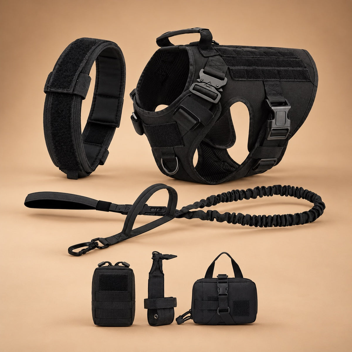 Tactical No Pull Dog Harness Set – Harness, Collar, Bungee Leash, 2 Pouches & Bottle Holder